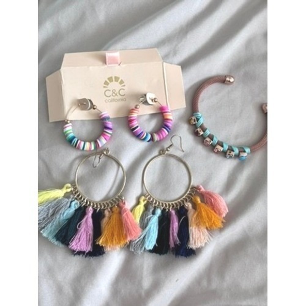 C&C California Rainbow Heishi Disc & Tassel Hoop Earrings Bracelet Jewelry Set